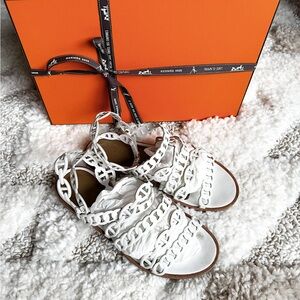 Hermes Kalliste white leather chain-link ankle strap sandals 35.5